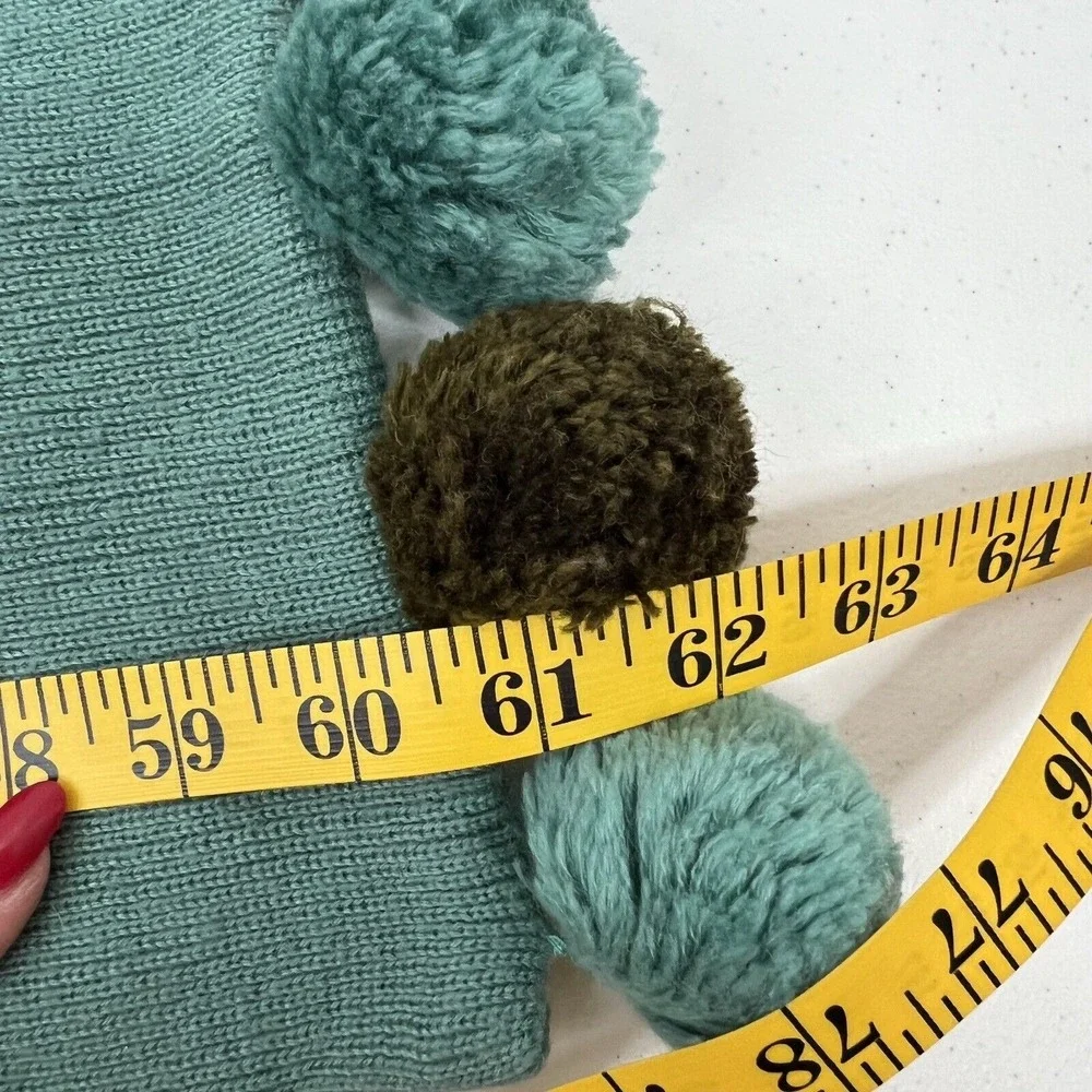 J. Crew Kid One Size Scarf Green Teal Knit Wool Blend Pom Pom Winter Accessory